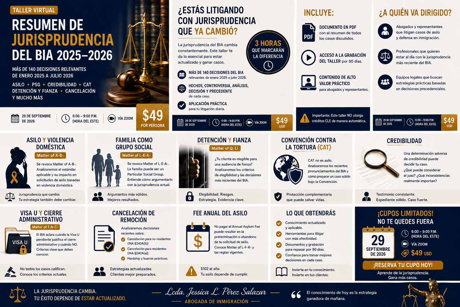 Infografía del taller Resumen de Jurisprudencia del BIA 2025-2026 con temas, módulos y detalles de la sesión